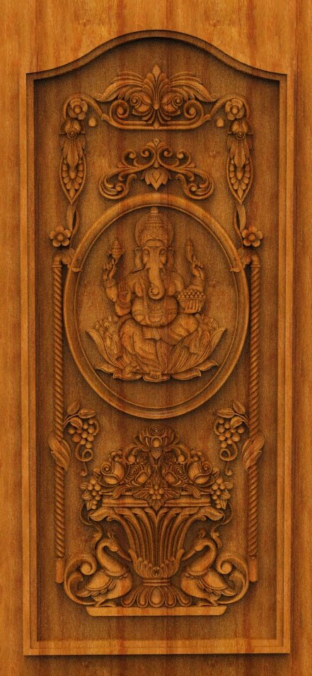 3D DOOR - OAK-08 Divine Ganesha Medallion Carved Temple Door Model